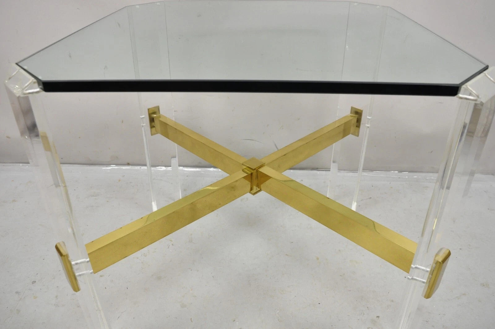 Vintage Mid Century Modern Lucite & Glass Brass Stretcher Occasional Side Table