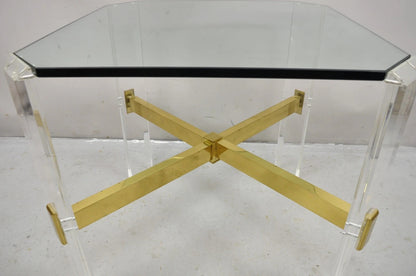 Vintage Mid Century Modern Lucite & Glass Brass Stretcher Occasional Side Table