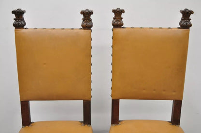 Antique 19th C. Italian Renaissance Carved Walnut High Back Side Chairs - a Pair