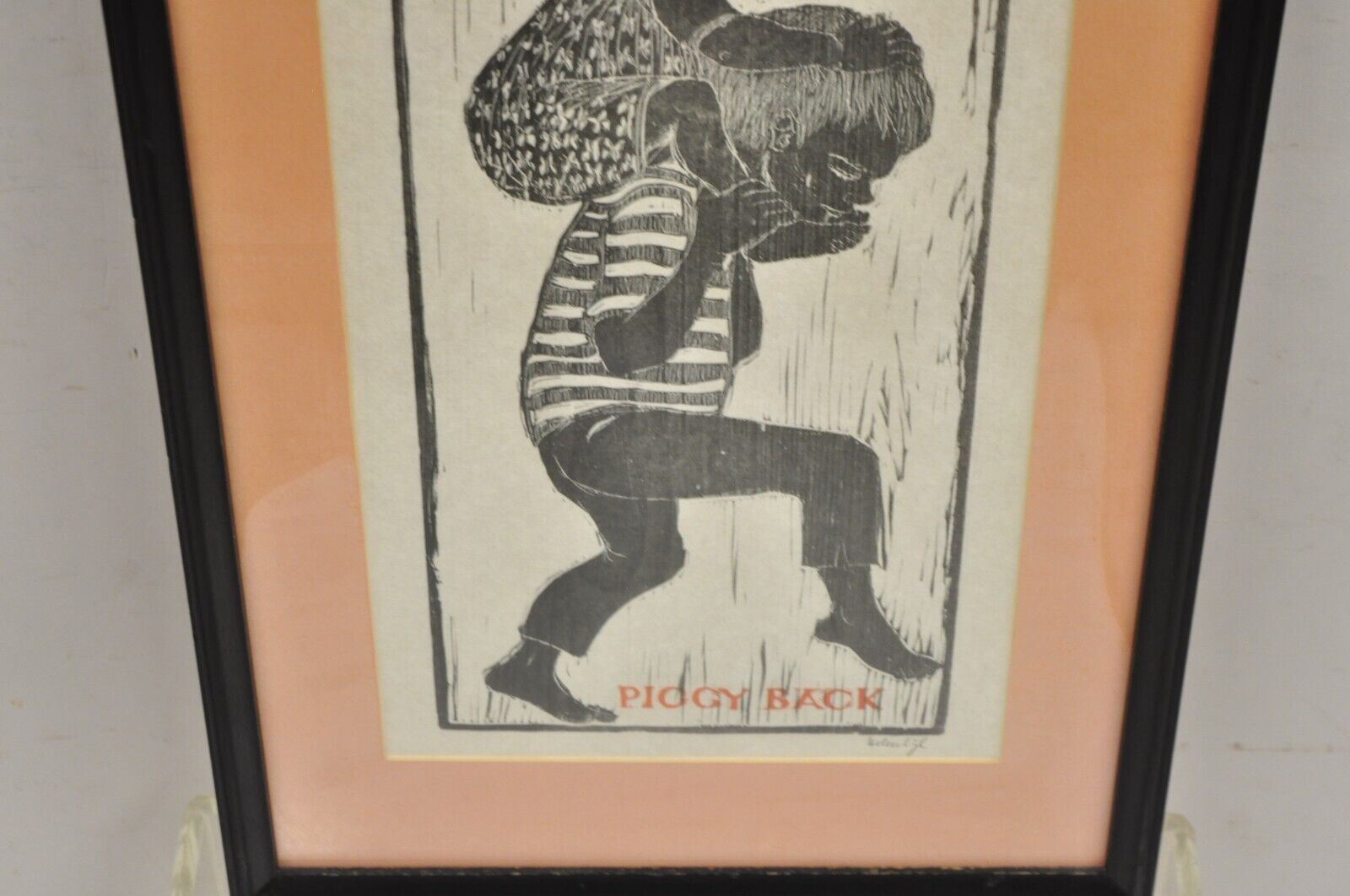 Vintage Helen Siegl "Piggy Back" 1950s Woodcut Print Framed Mid Century Art