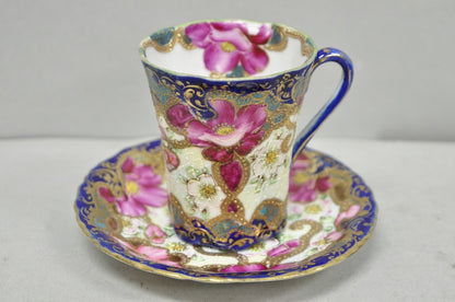 Antique Victorian Teacup & Saucer Cobalt Blue & Roses w/ Draped Gold Trim