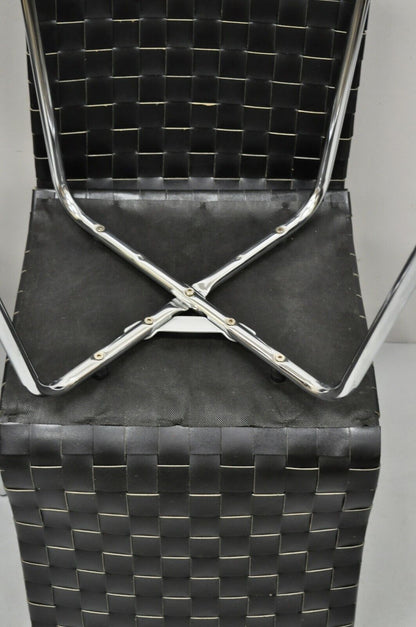Modern Black Woven Leather Chrome Frame Dining Chairs - Set of 4
