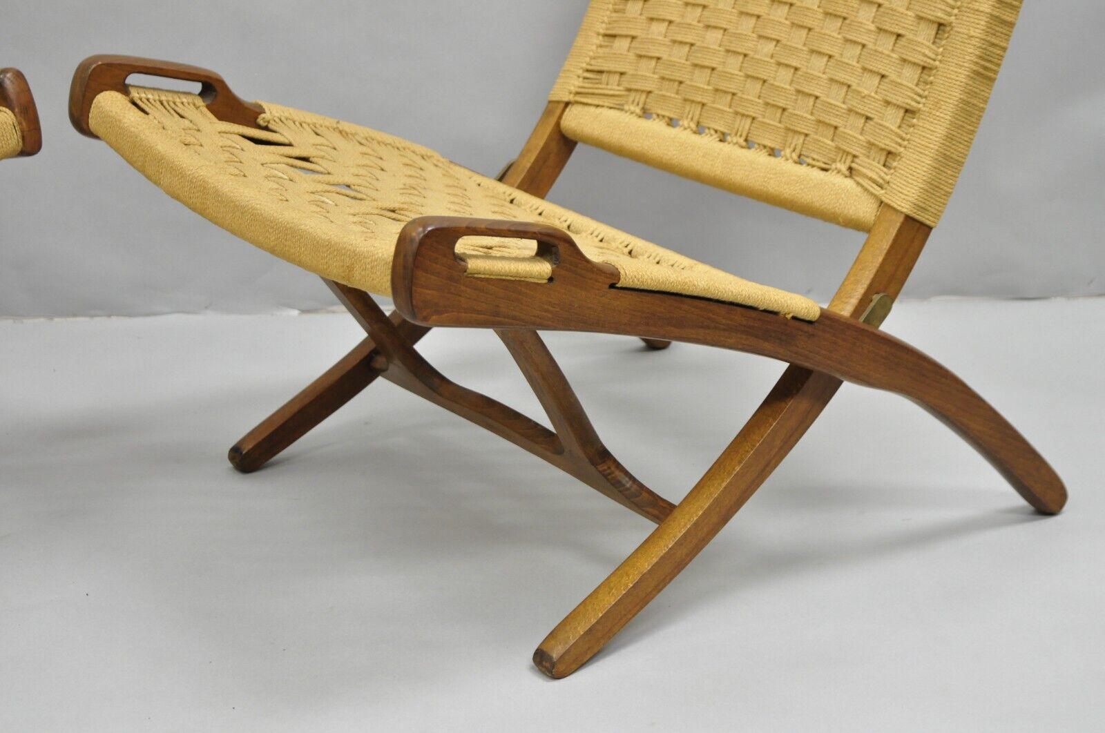 Vintage Mid Century Modern Woven Rope Wooden Folding Lounge Chair - a Pair