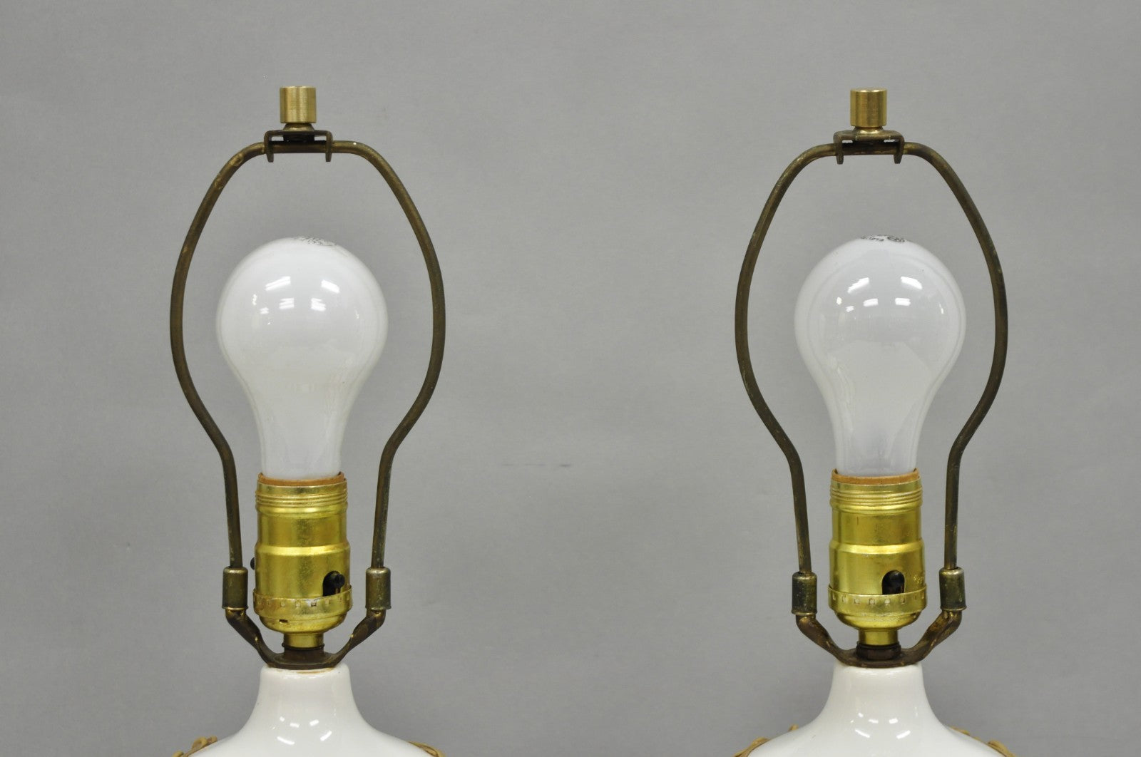 Vintage Hollywood Regency Small Bulbous Ceramic Faux Bamboo Table Lamps - a Pair