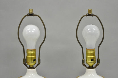 Vintage Hollywood Regency Small Bulbous Ceramic Faux Bamboo Table Lamps - a Pair