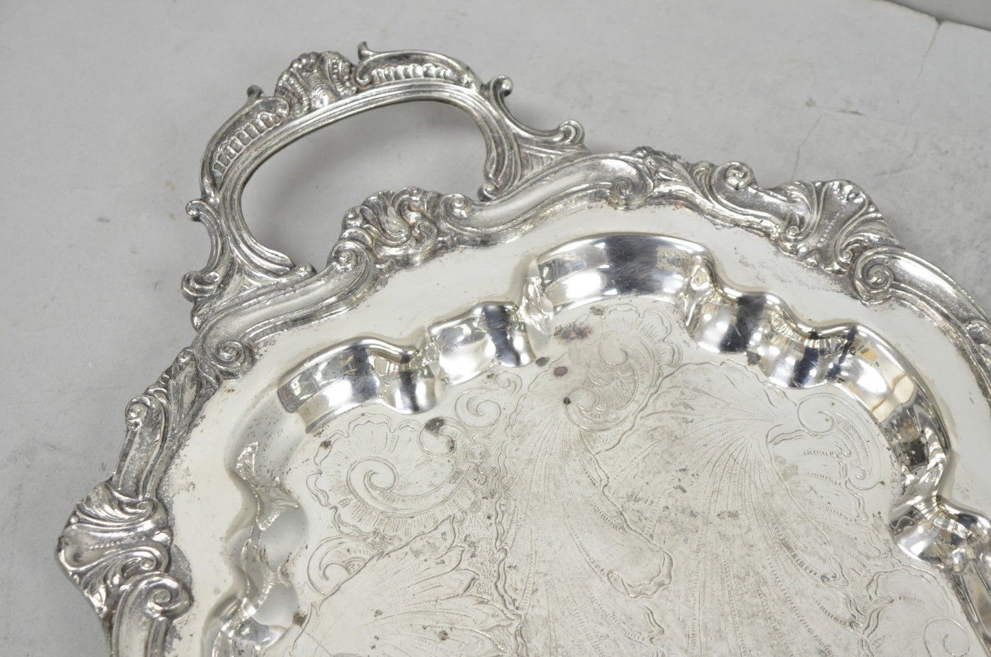 Vintage Sheffield Baroque Silver Plated Long Narrow Serving Platter Bar Tray