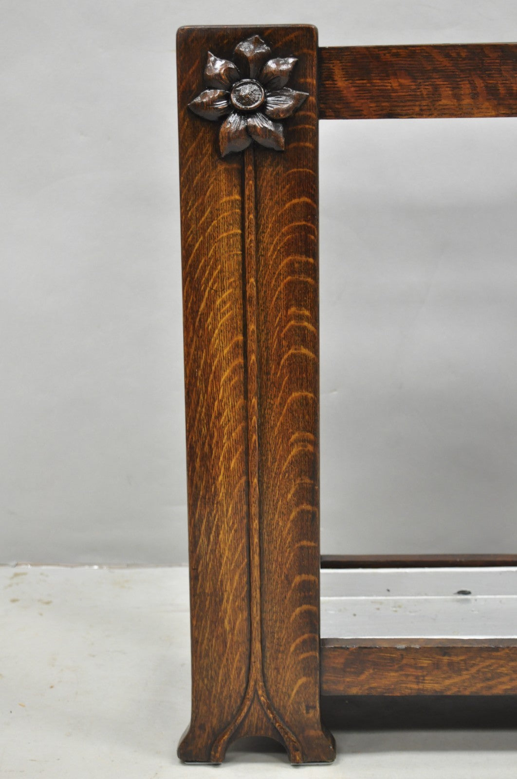 Antique Arts & Crafts Oak Wood Relief Carved Flower Umbrella Stand by MI Chair