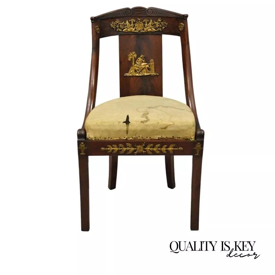 Antique 19th C. French Empire Regency Mahogany Side Chair with Bronze Ormolu