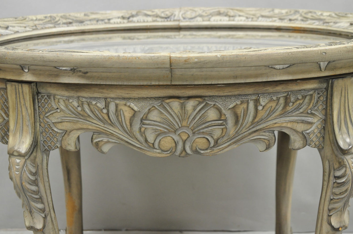 Vintage French Renaissance Walnut Gray Distress Painted Cherub Coffee Table