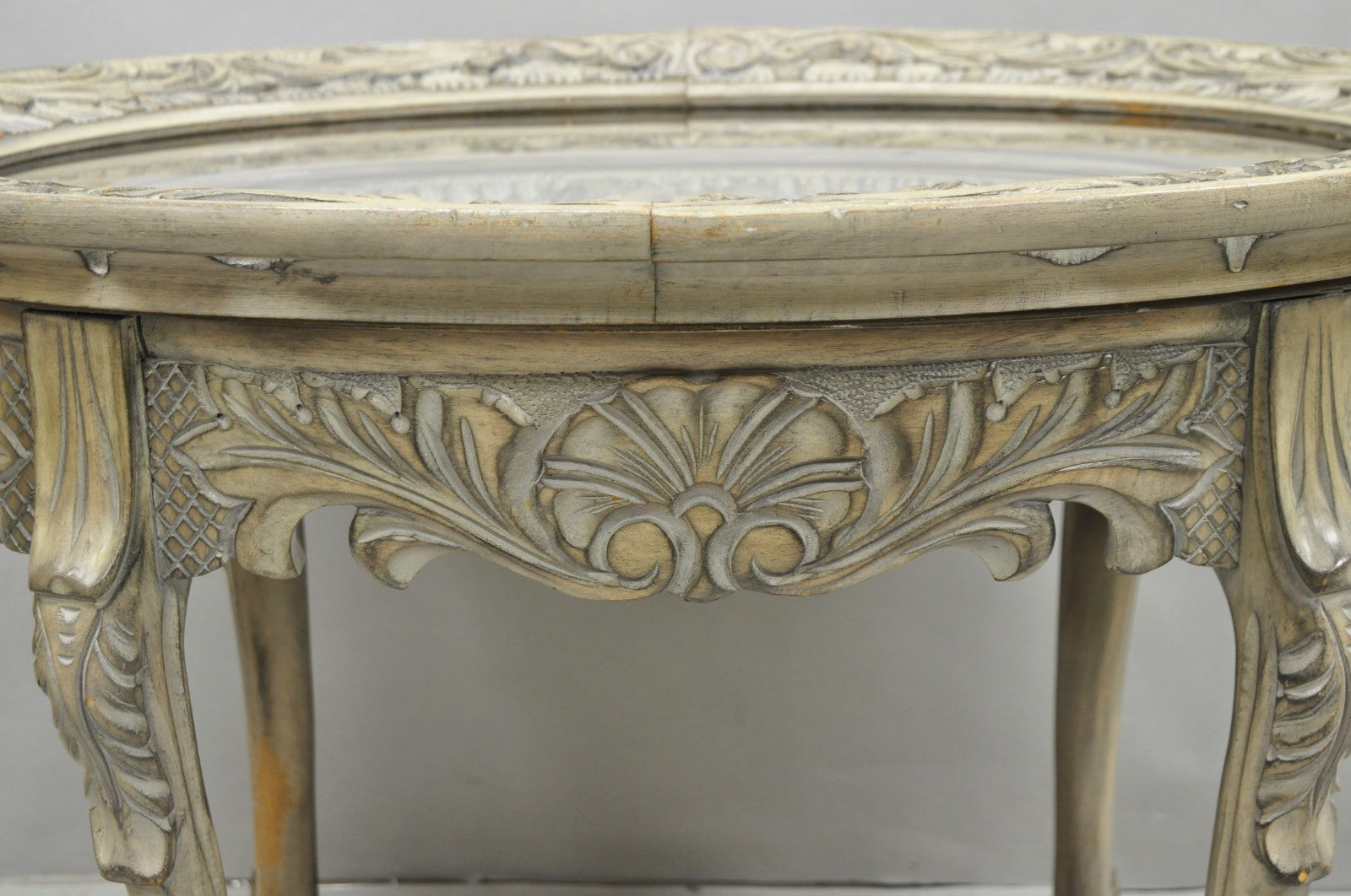Vintage French Renaissance Walnut Gray Distress Painted Cherub Coffee Table