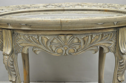 Vintage French Renaissance Walnut Gray Distress Painted Cherub Coffee Table