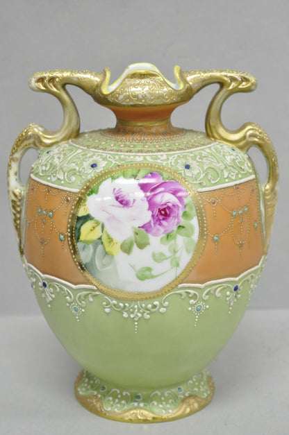 Antique Nippon Hand Painted Porcelain Green Moriage Twin Handle Portrait Vase