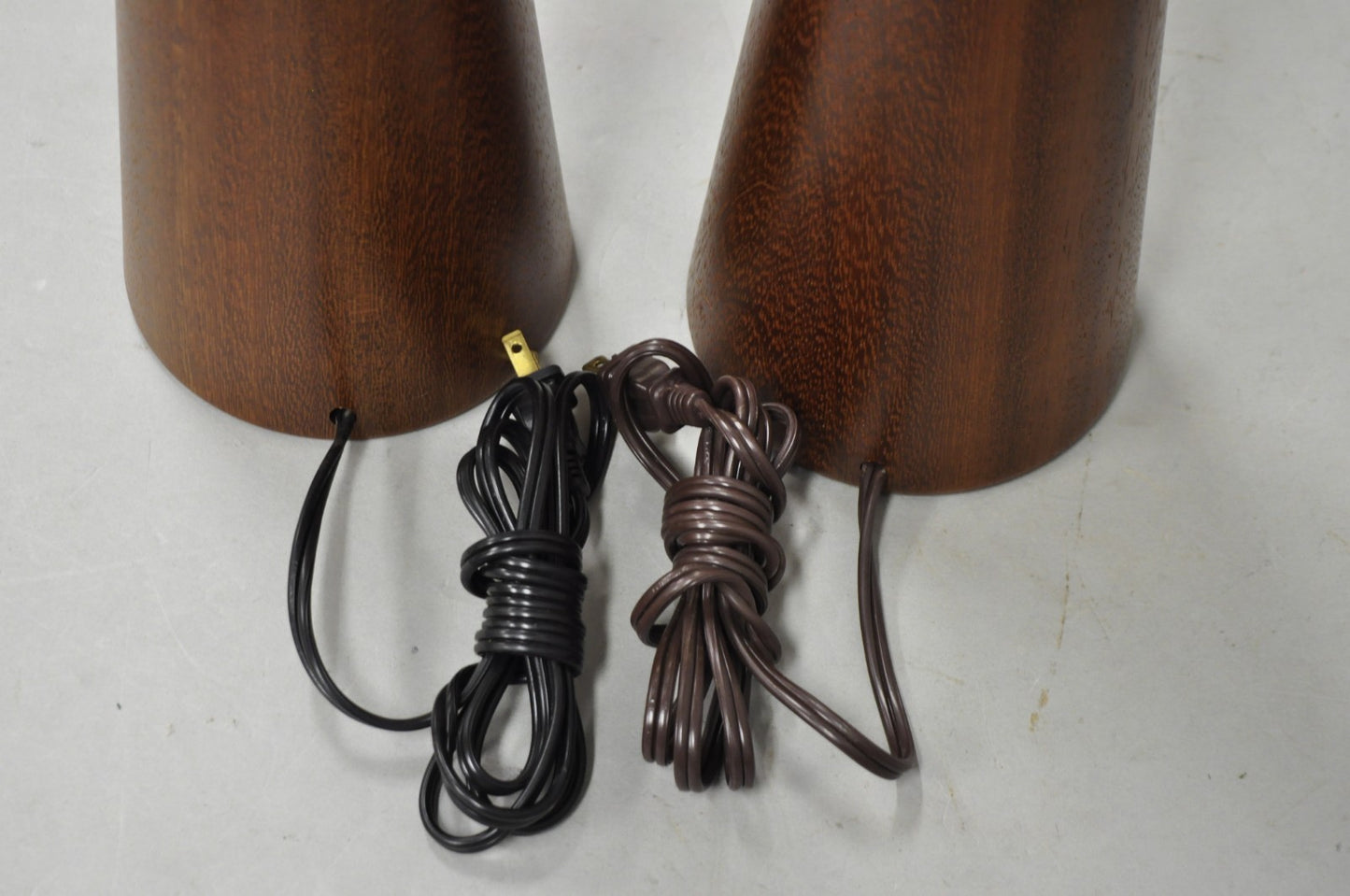 Vintage Mid Century Modern Staved Teak Wood Cone Shaped Table Lamps - a Pair