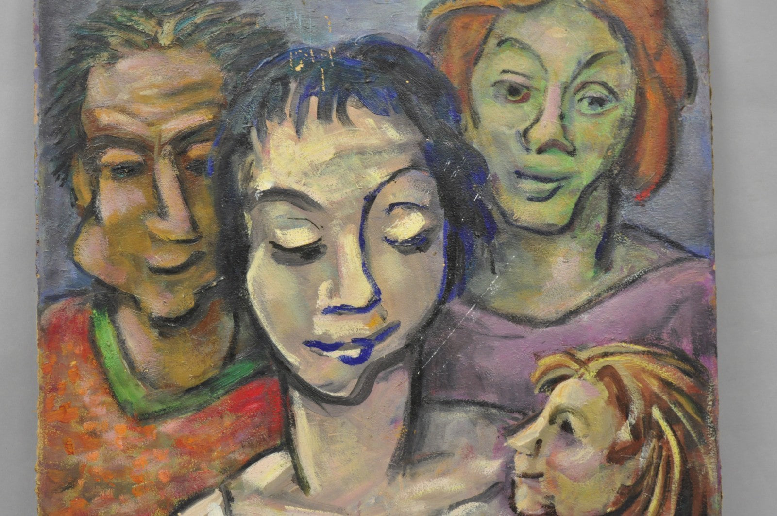 Vintage Samuel Heller "Family Portrait w/ Child B" Oil on Board Painting Signed