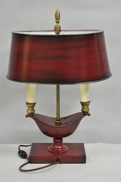 Vintage French Empire Red Painted Tole Metal Bouillotte Desk Table Lamp w/ Shade