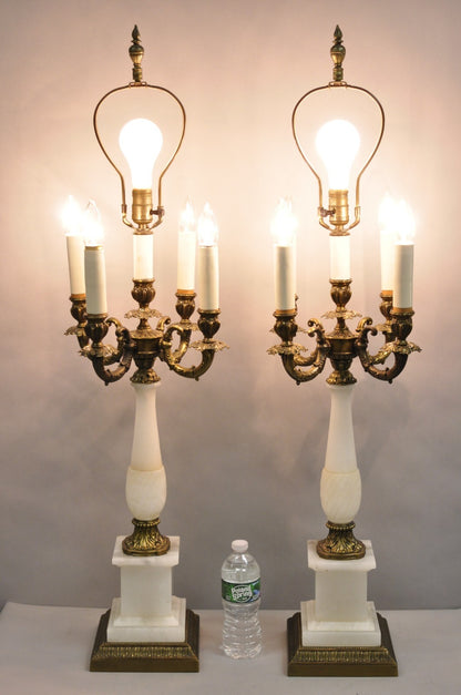 Vintage French Empire Alabaster Column Brass Metal Candelabra Table Lamps - Pair