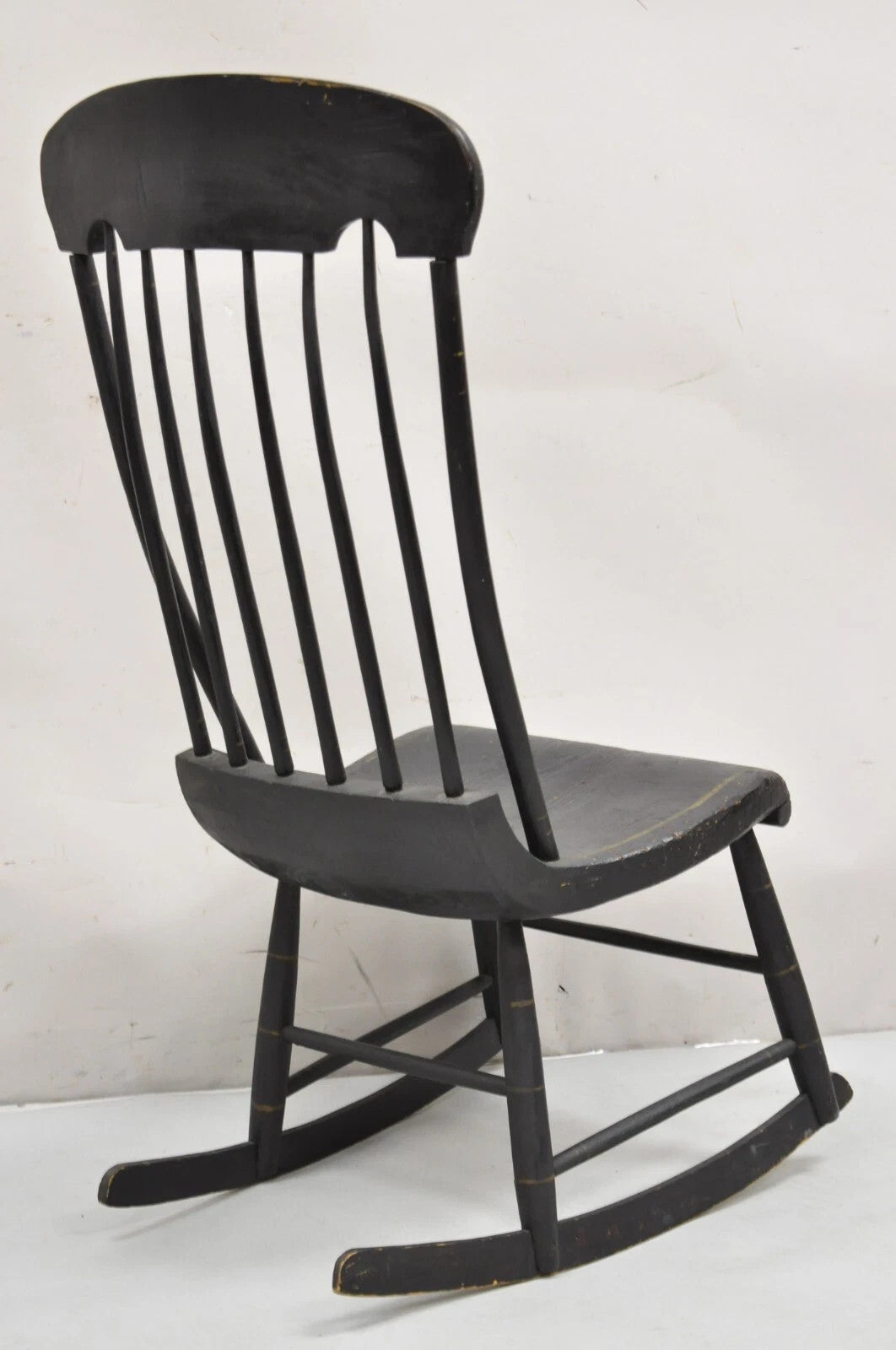 Antique Colonial Stencil Back Black Painted Plank Bottom Rocker Rocking Chair