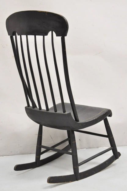 Antique Colonial Stencil Back Black Painted Plank Bottom Rocker Rocking Chair