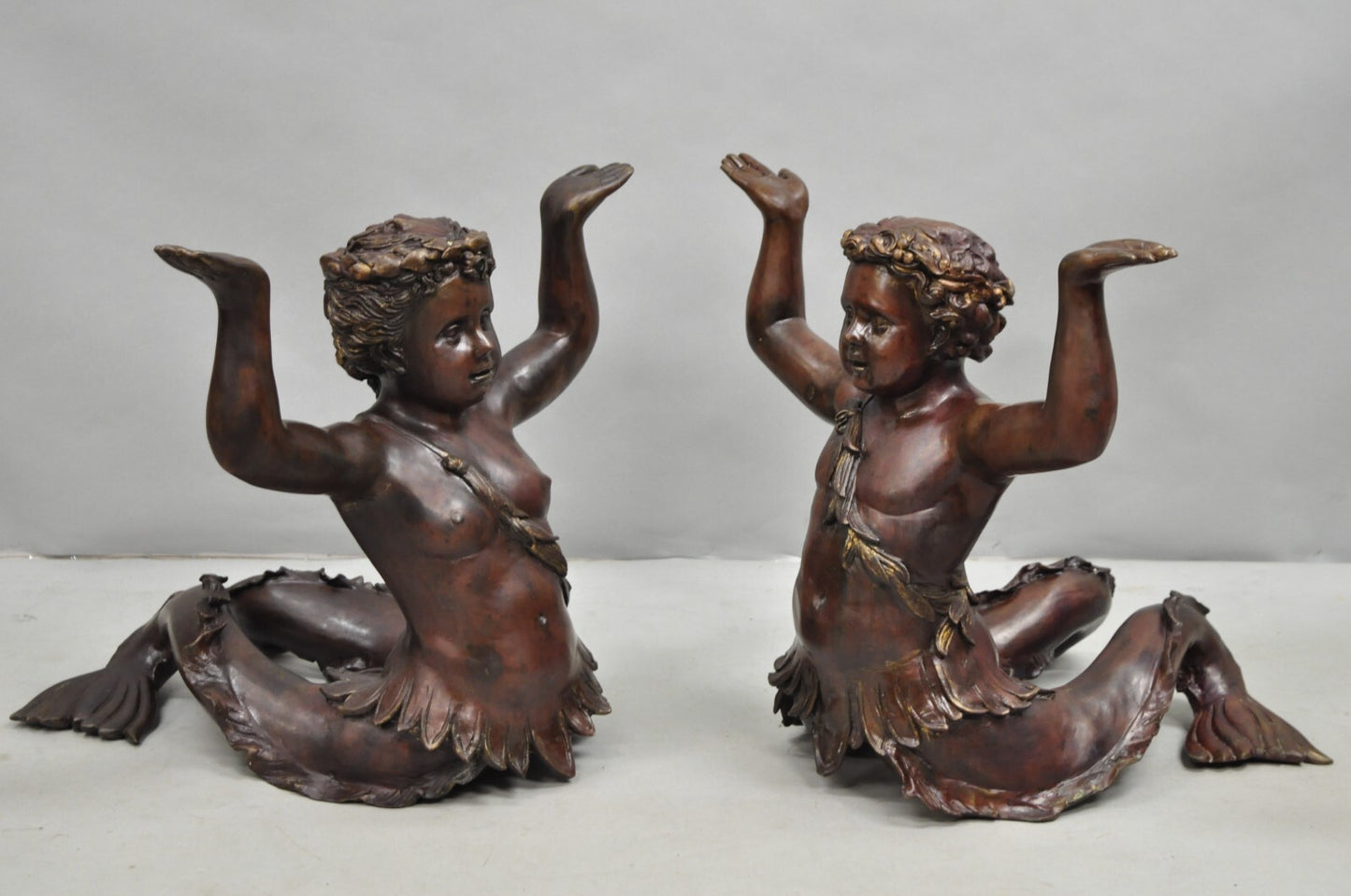 Vintage French Neoclassical Figural Bronze Merman Mermaid Glass Top Coffee Table