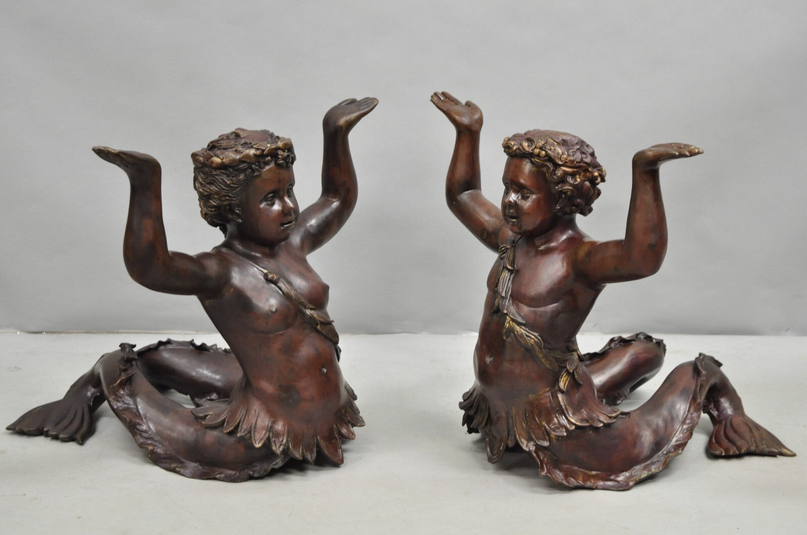 Vintage French Neoclassical Figural Bronze Merman Mermaid Glass Top Coffee Table