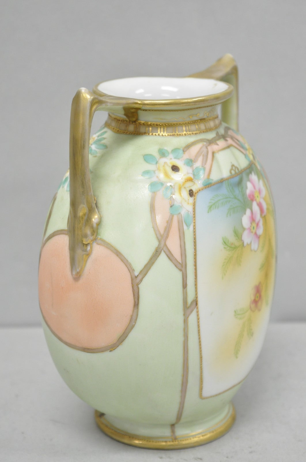 Antique Nippon Art Nouveau Hand Painted Porcelain Pink Flower Twin Handle Vase