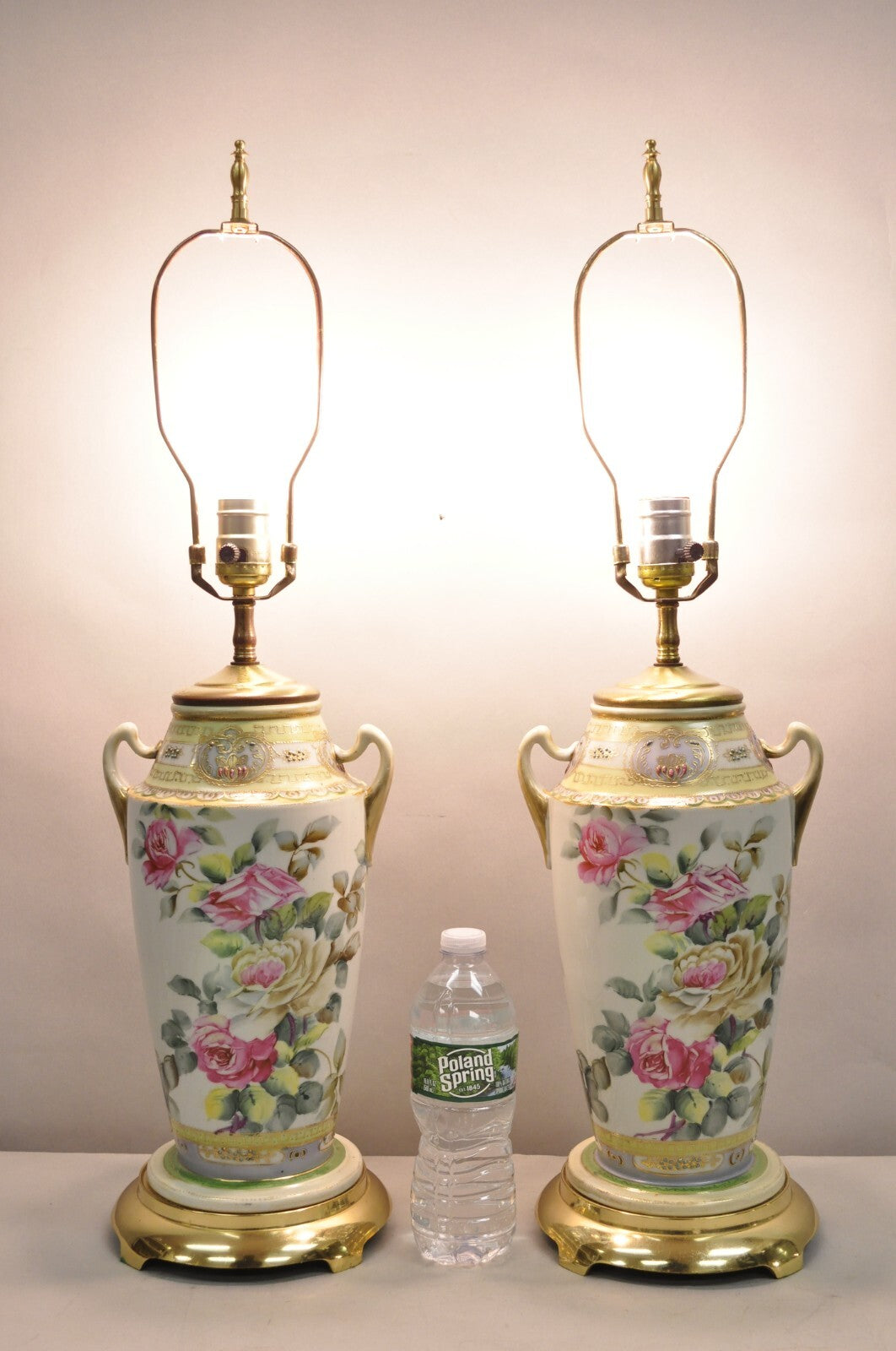 Antique French Victorian Hand Painted Porcelain Pink Rose Table Lamps - a Pair