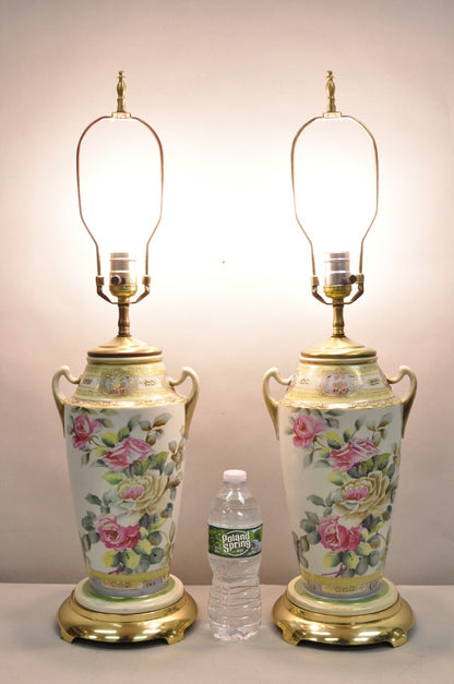 Antique French Victorian Hand Painted Porcelain Pink Rose Table Lamps - a Pair