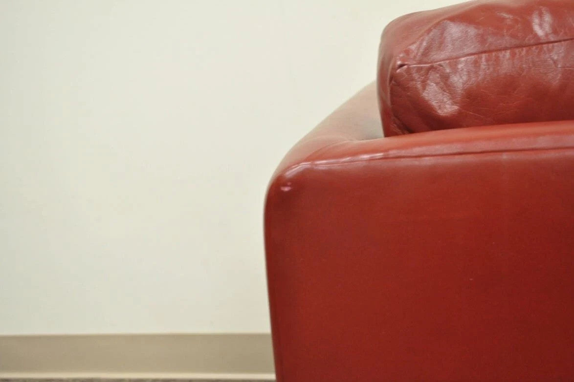 Vintage Mid Century Modern Red Leather Cube Club Lounge Chair on Rolling Casters