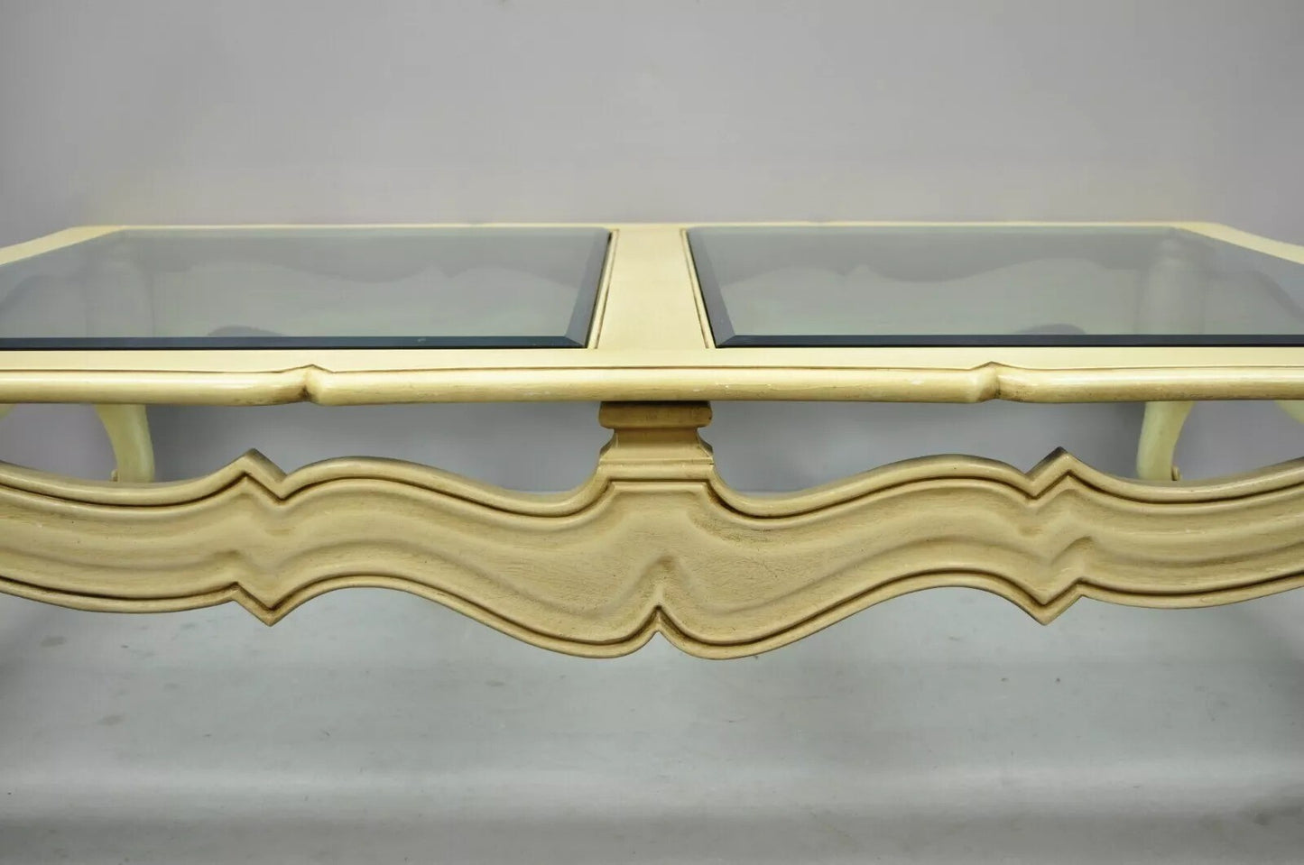 Vintage French Provincial Style Beveled Glass Cream Painted Large Coffee Table