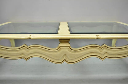 Vintage French Provincial Style Beveled Glass Cream Painted Large Coffee Table