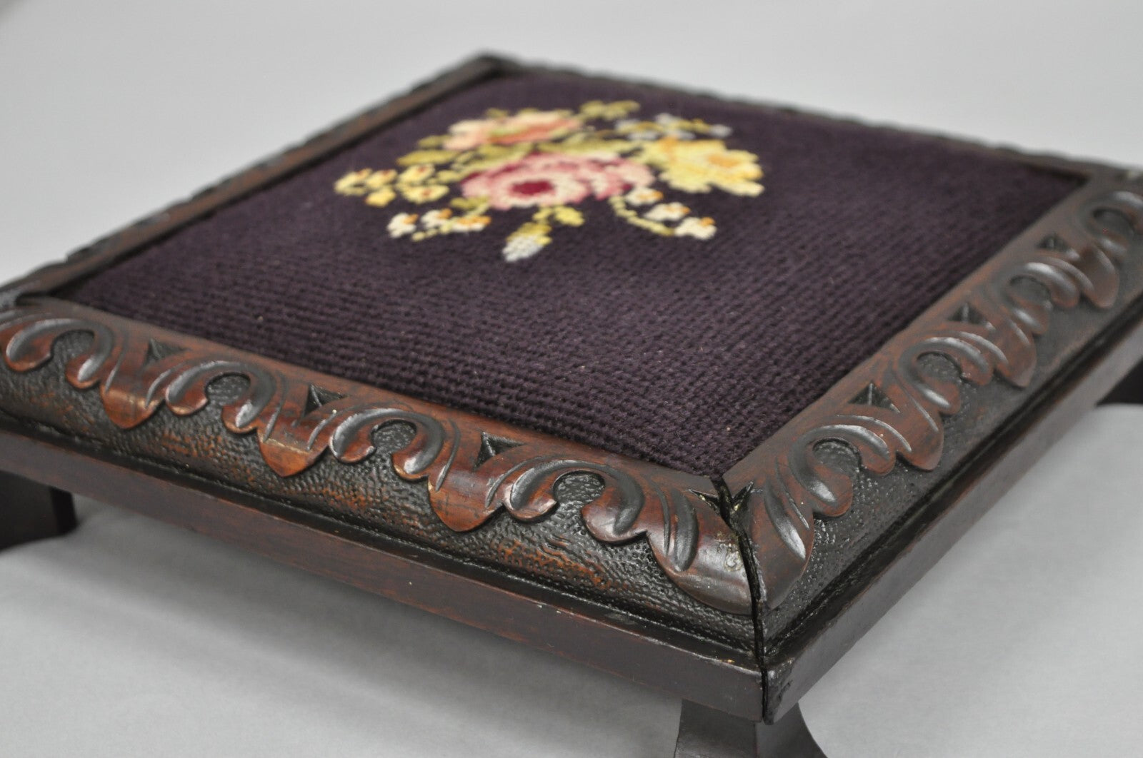 Antique Victorian Carved Solid Mahogany Floral Needlepoint Low Footstool Ottoman