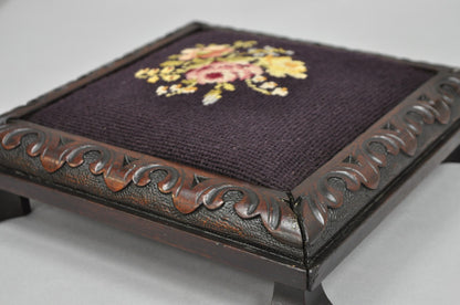 Antique Victorian Carved Solid Mahogany Floral Needlepoint Low Footstool Ottoman