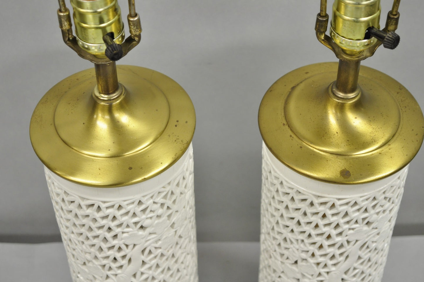 Chinoiserie White Blanc De Chine Porcelain Cherry Blossom Table Lamp - a Pair
