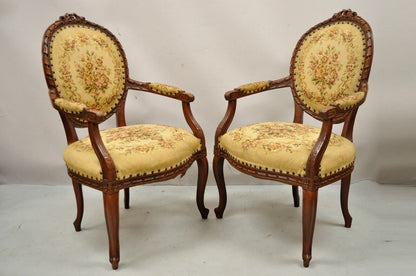 Antique French Country Louis XV Victorian Floral Tapestry Arm Chairs - a Pair