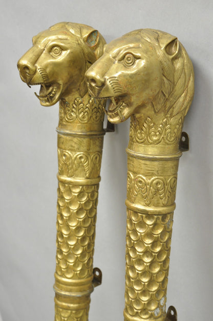 Vintage Italian Regency Neoclassical Large Brass Lion Sconce Door Handles Pair