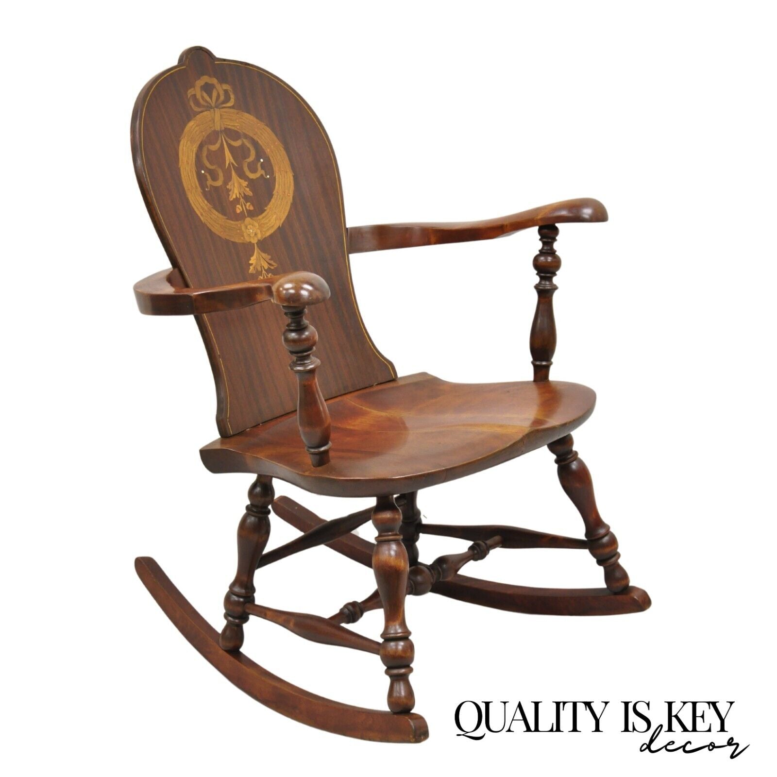 Antique Art Nouveau Cherry Wood Rocking Chair Rocker With Wreath Marquetry Inlay