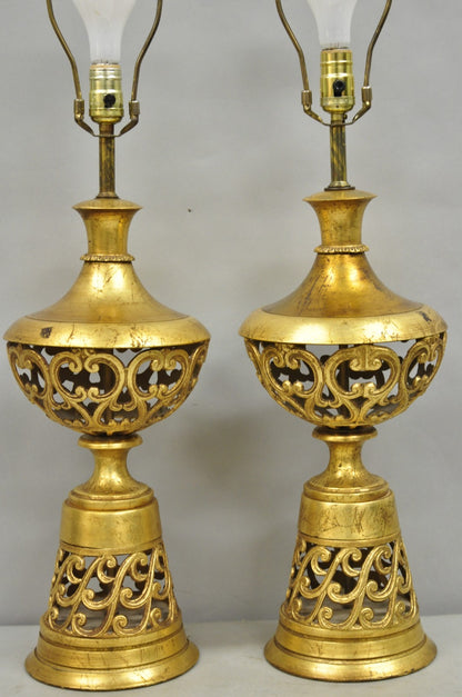 Vintage Italian Hollywood Regency Gold Gilt Iron Metal Fretwork Table Lamps Pair