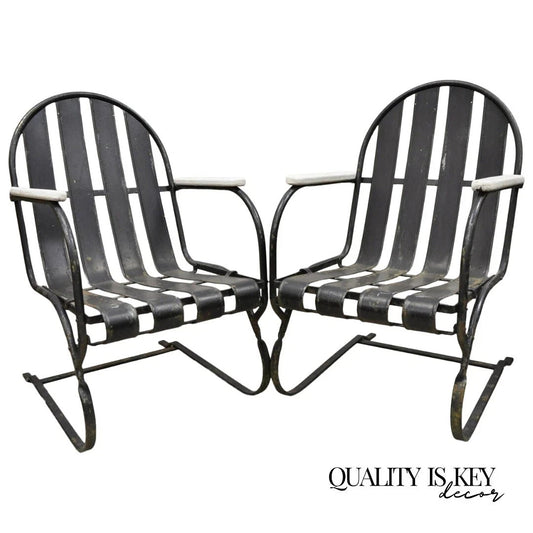 Vintage Art Deco Black and White Steel Metal Strap Patio Bouncer Chairs - a Pair