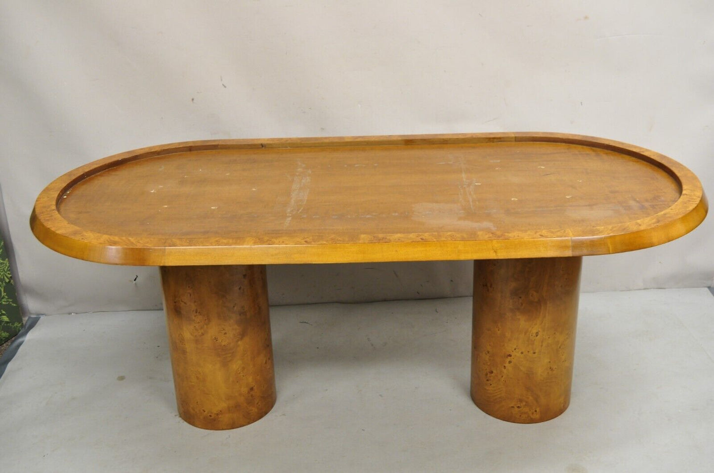 Italian Mid Century Modern Bloomingdale's Burl Wood Oval Marble Top Dining Table