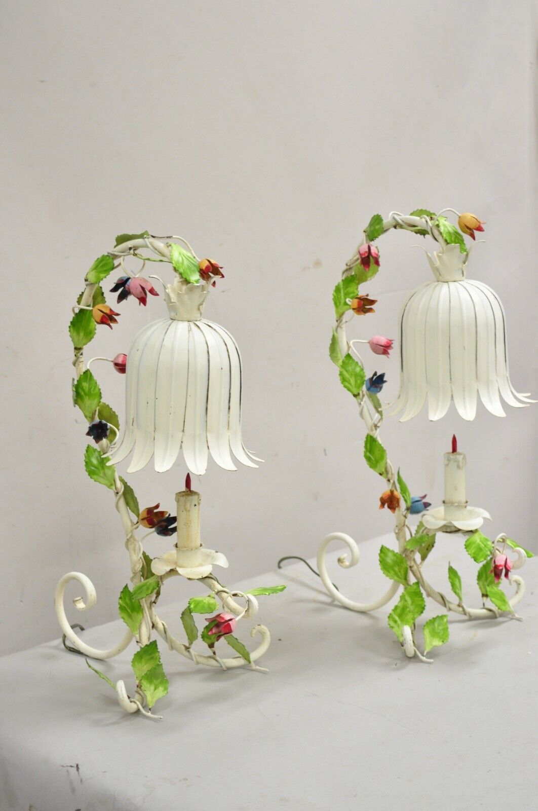 Vintage Italian Regency Tole Metal Flower Table Lamp w/ Tulip Shade - A Pair