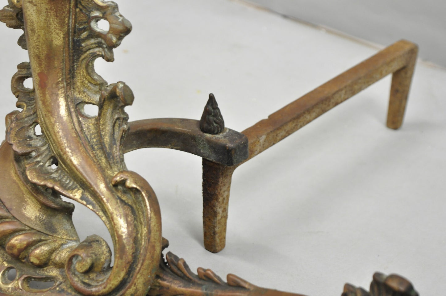 Antique French Louis XV Patinated Brass Bronze Small Fireplace Andirons & Fender