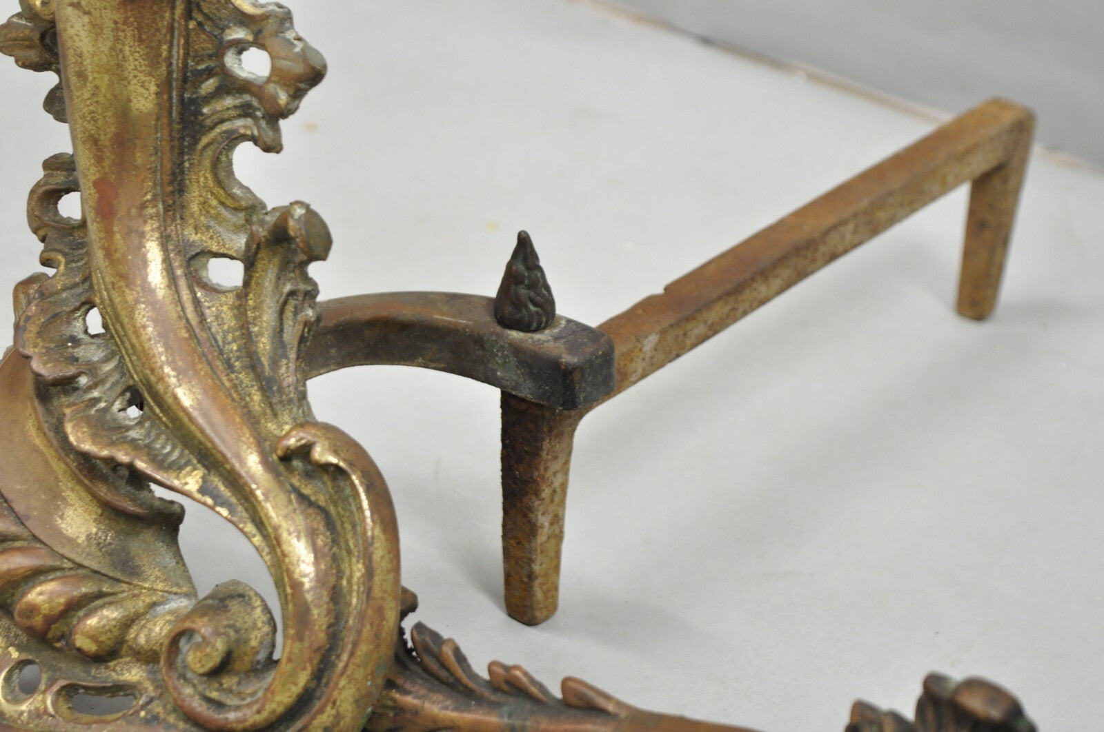 Antique French Louis XV Patinated Brass Bronze Small Fireplace Andirons & Fender
