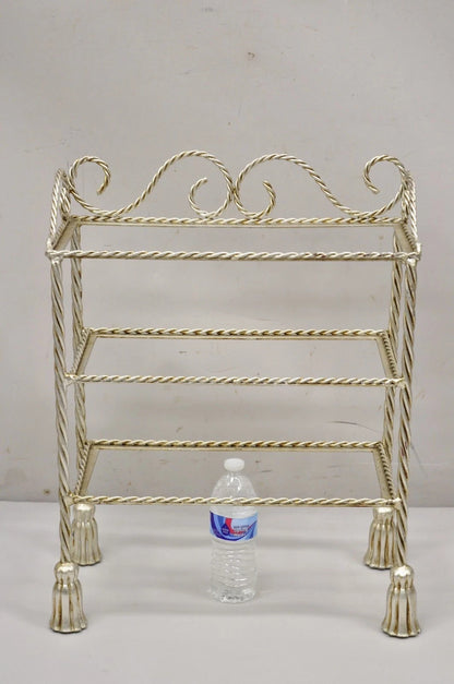 Italian Hollywood Regency Silver Leaf Gilt Iron 3 Tier Shelf Small Display Stand