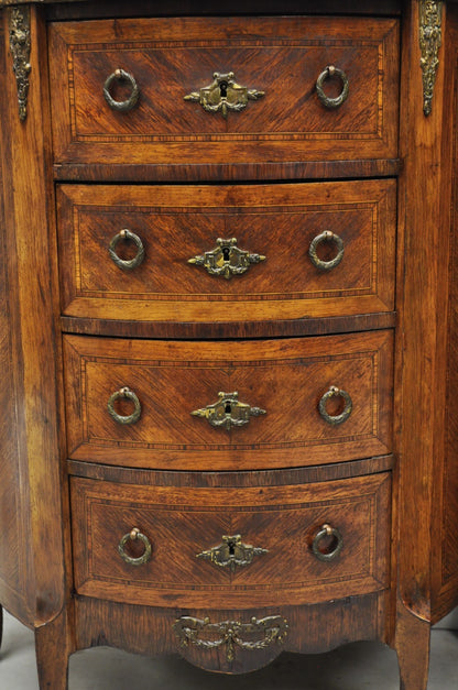 Antique French Louis XV Style Demilune Marble Top 4 Drawer Nightstand Table Pair