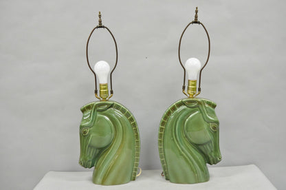 Vintage Mid Century Modern Green Glazed Ceramic Horse Head Table Lamps - a Pair