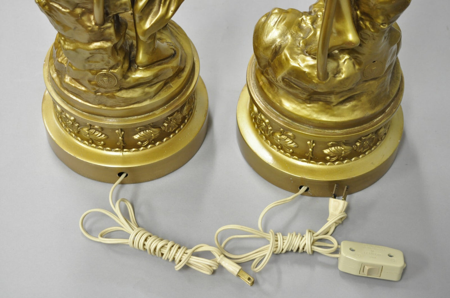 Antique L&F Moreau French Renaissance Gold Paint Metal Figural Table Lamps Pair