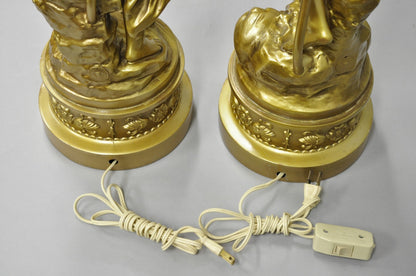 Antique L&F Moreau French Renaissance Gold Paint Metal Figural Table Lamps Pair