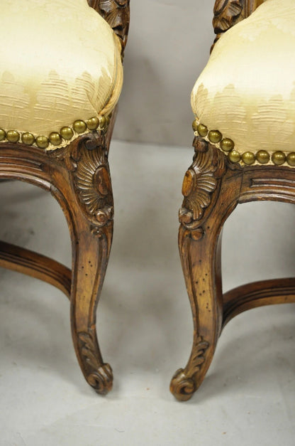 Vintage French Country Louis XV Style Carved Walnut Lounge Arm Chairs - a Pair
