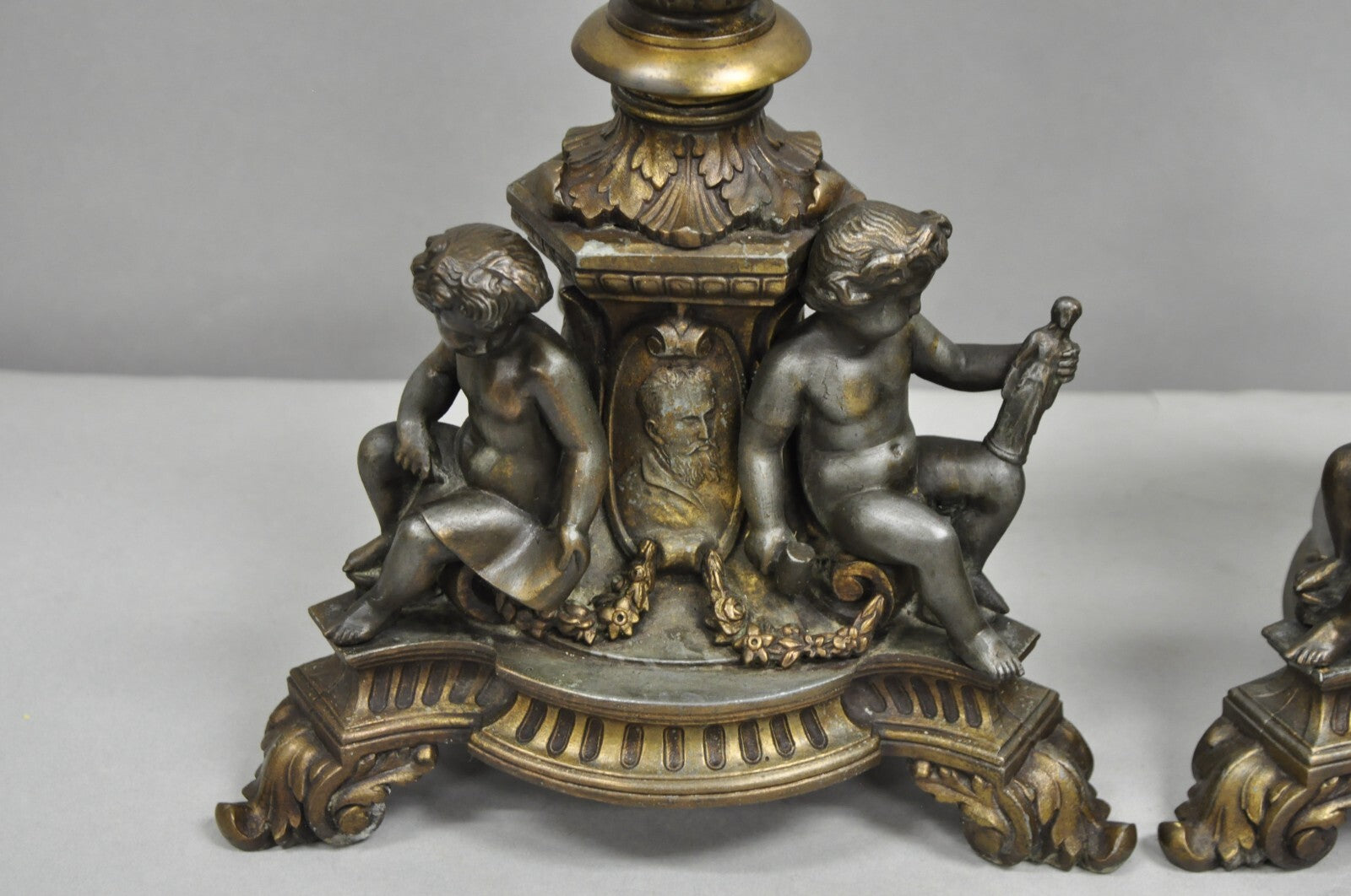 Antique French Empire Renaissance Gilt Metal  & Glass Cherub Table Lamps a Pair