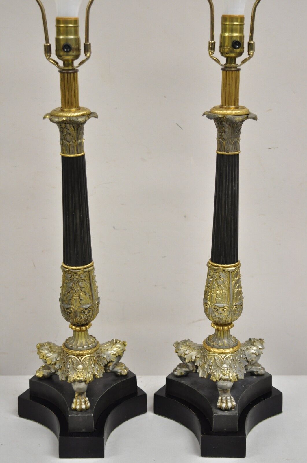 Vintage French Empire Silver & Gold Gilt Column Table Lamps w/ Paw Feet - a Pair